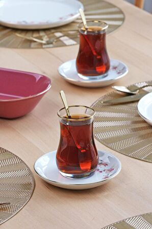 Glore Asya Spring 12 Parça 6 Kişilik Altın Yaldızlı Seramik Çay Takımı