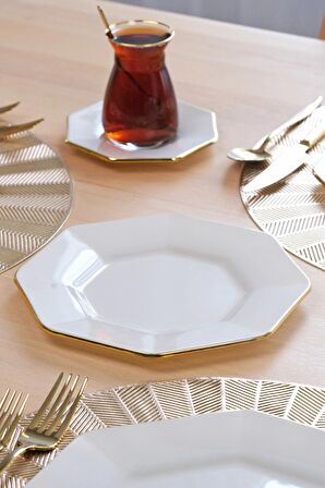 Glore Sekizgen Krem Altın Yaldızlı 6 Kişilik Cam Pasta Tabağı Takımı