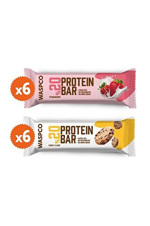 Waspco Protein Bar Karma Kutu 40g 12 Adet Çilekli ve Kurabiye Aromalı