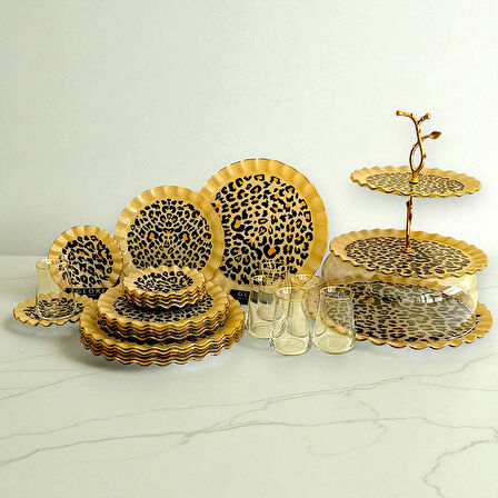 28 Parça 6 Kişilik Leopar Wavy  Altın Yaldızlı Çay Servis İkram Takımı