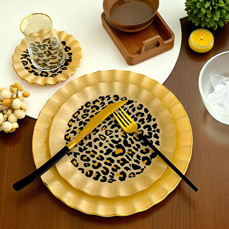 28 Parça 6 Kişilik Leopar Wavy  Altın Yaldızlı Çay Servis İkram Takımı
