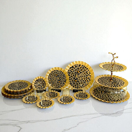 28 Parça 6 Kişilik Leopar Wavy  Altın Yaldızlı Çay Servis İkram Takımı