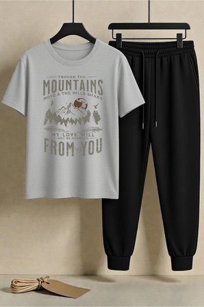 Unisex Mountains Tasarım Baskılı Tshirt - 2'li Eşofman Takımı