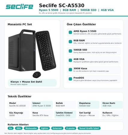 SECLİFE SC-A5530 RYZEN 5500 16GB 500GB NVME 2GB VGA 300W DOS