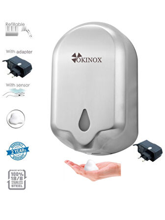 Okinox Paslanmaz Fotoselli Köpük Sabun Dispenseri. Elektrikli, Pilli Doldurulabilir. 1100ml. 999276