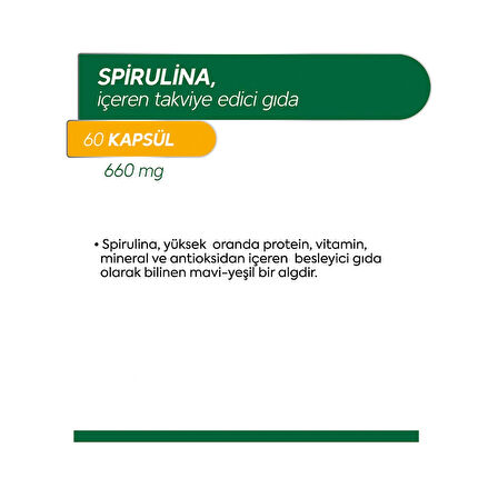 Spirulina Içeren 60 Kapsül 660 Mg Takviye Edici Gıda