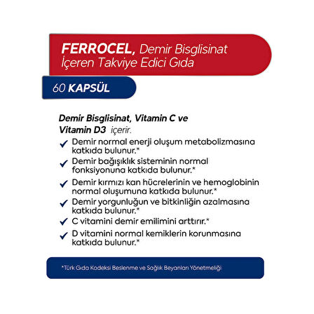 Ferrocel 90 Kapsül Demir, C Ve D3 Vitamini 