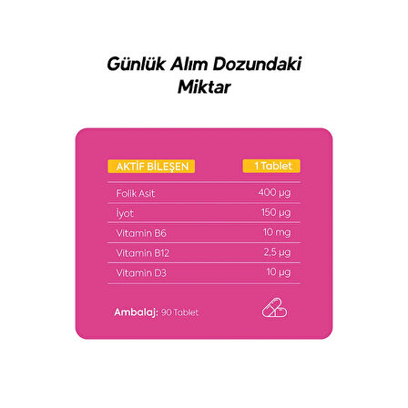 Iyot, Vitamin B6 Ve B12 (metilkobalamin) Folik Asit Içeren Takviye Edici Gıda 90 Kapsül