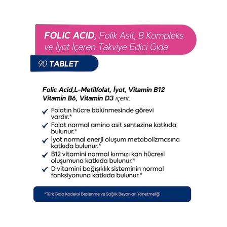 Iyot, Vitamin B6 Ve B12 (metilkobalamin) Folik Asit Içeren Takviye Edici Gıda 90 Kapsül
