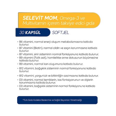 Selevit Mom 30 Kapsül Omega-3, Multivitamin ve Multimineral İçeren Takviye Edici Gıda