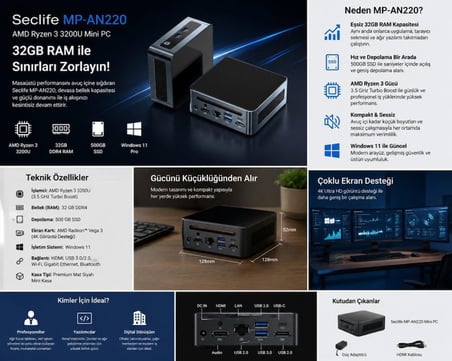 Secli̇Fe Mp An220 Ryzen3 3200U 32Gb 500Gb Ssd Wi̇ Si̇Yah Mi̇Ni̇ Pc