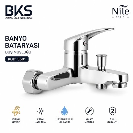 BKS Nile Banyo Bataryası Duş Musluğu Krom Pirinç Gövde Sıva Üstü