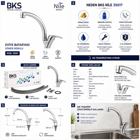 BKS Nile 3501 Evye Bataryası Krom Mutfak Bataryası