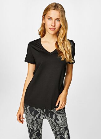 Faik Sönmez V Yaka Kısa Kol Siyah KadınT-Shirt