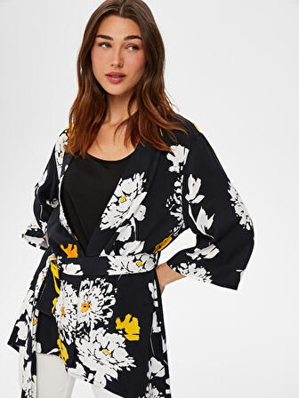 Monochrom Çiçek Desenli Kimono 66493