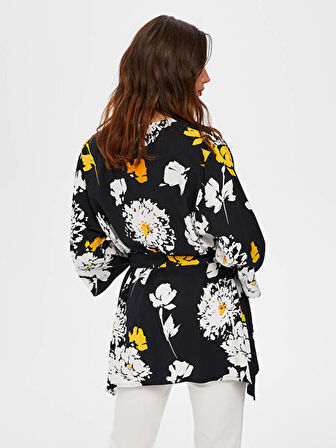 Monochrom Çiçek Desenli Kimono 66493