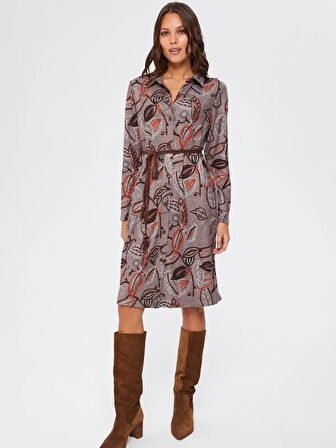 Yaprak Desenli Örme Gömlek Elbise 67233