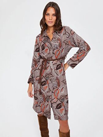 Yaprak Desenli Örme Gömlek Elbise 67233