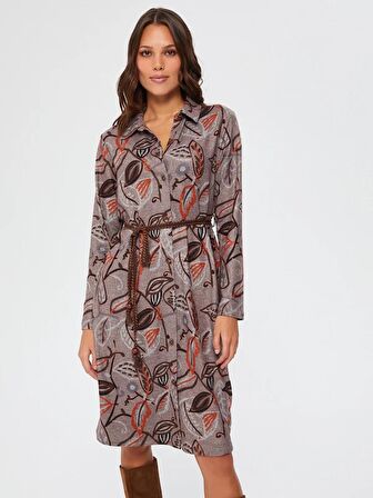 Yaprak Desenli Örme Gömlek Elbise 67233