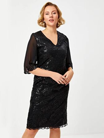 Yaprak Desen Payetli 3/4 Kollu Abiye Elbise 68111