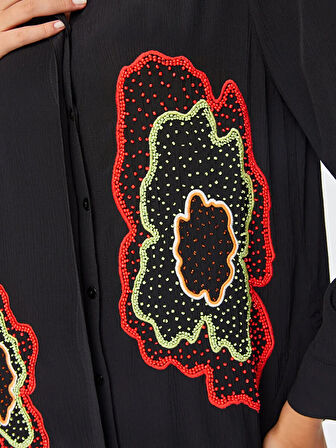 Çiçek Boncuk Nakışlı Ağaç Kabuğu Desenli Gömlek 68401