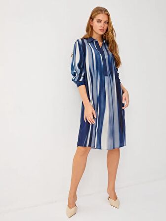 Batik Desen Yarım Patlı Uzun Kol Elbise 68298