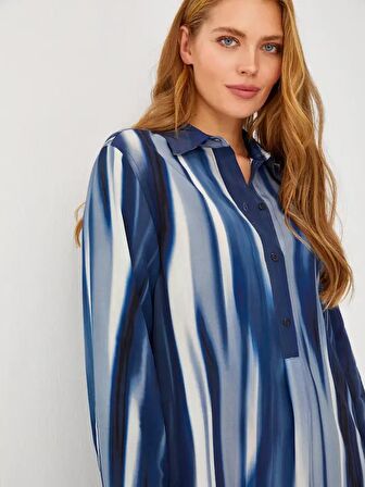 Batik Desen Yarım Patlı Uzun Kol Elbise 68298