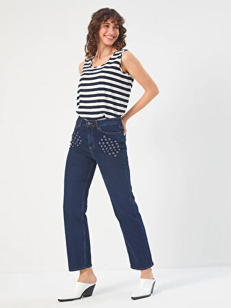 Kuşgözü Detaylı Straight Fit Jean Pantolon 68457