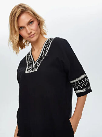 Resort Zigzag Baskı Detaylı V Yaka Müslin Tunik 68821