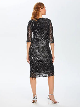 Saçaklı Payet İşli 3/4 Kol Abiye Elbise 69109