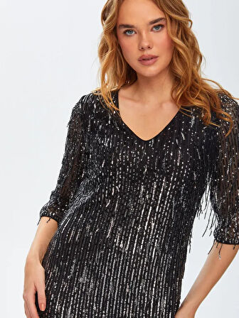 Saçaklı Payet İşli 3/4 Kol Abiye Elbise 69109