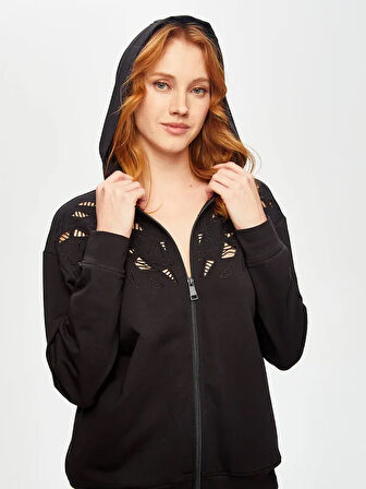 Delik İşi Nakış Detaylı Kapüşonlu Eşofman Üst 69274