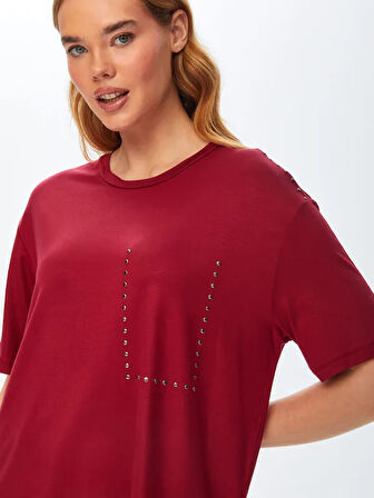 Trok Taş Aksesuarlı Yuvarlak Yaka Kısa Kol T-Shirt 69543