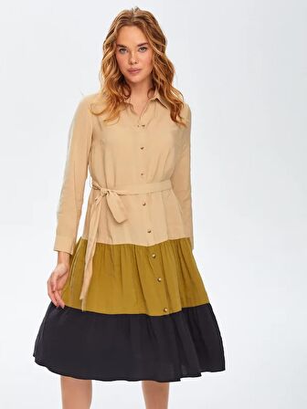 Parçalı Etekli Renk Bloklu Modallı Gömlek Elbise 69224