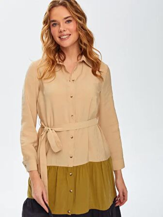 Parçalı Etekli Renk Bloklu Modallı Gömlek Elbise 69224