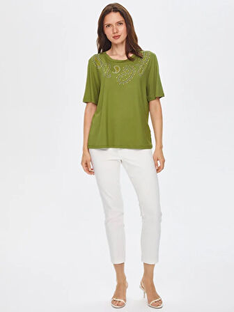 Paisley Trok Taş Detaylı Yuvarlak Yaka T-Shirt 69560