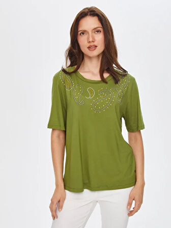 Paisley Trok Taş Detaylı Yuvarlak Yaka T-Shirt 69560