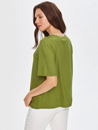Paisley Trok Taş Detaylı Yuvarlak Yaka T-Shirt 69560