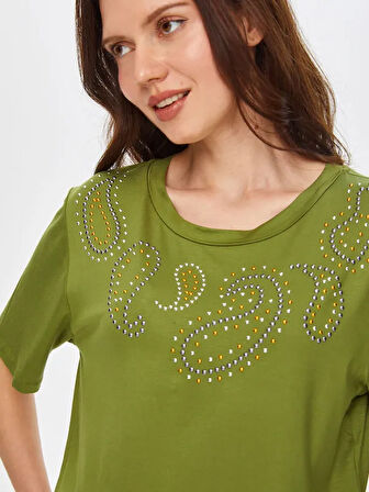 Paisley Trok Taş Detaylı Yuvarlak Yaka T-Shirt 69560