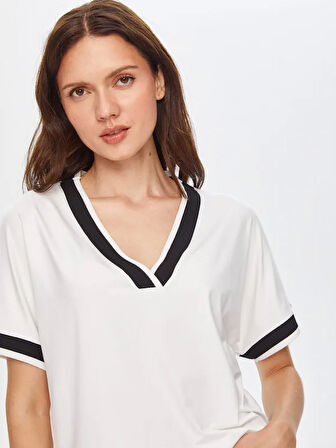Çizgili Ribana Detaylı Kısa Kol V Yaka T-Shirt 69552