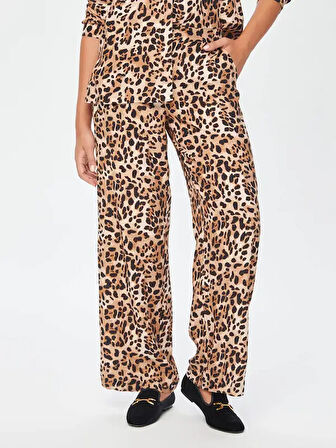 Leopar Desen Wıde Leg Fıt Viskon Pantolon 69496