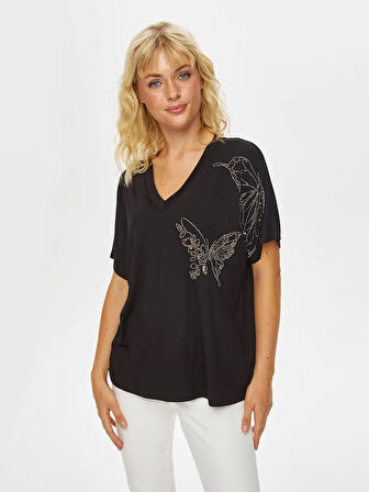 Kelebek Desen Boncuk Nakışlı V Yaka T-Shirt 69578