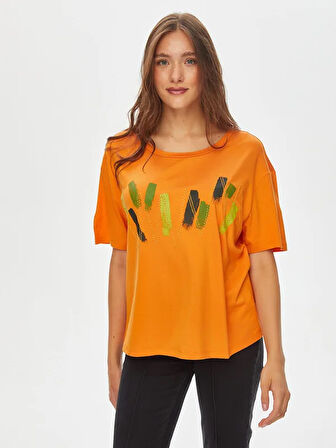 Baskı Ve Punto Nakış Detaylı Yuvarlak Yaka T-Shirt 69593