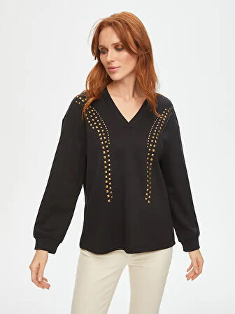 Önü Trok Taşlı V Yaka Sweatshirt 69509