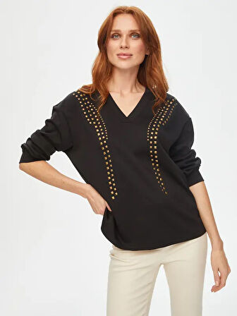 Önü Trok Taşlı V Yaka Sweatshirt 69509
