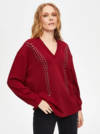 Önü Trok Taşlı V Yaka Sweatshirt 69509