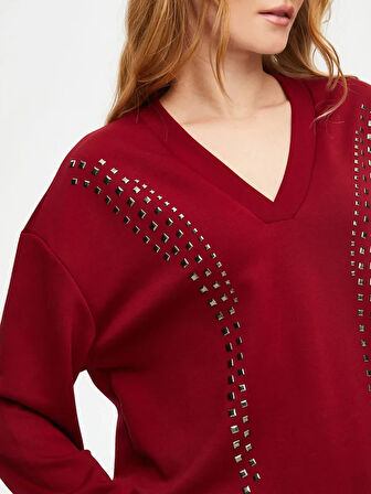 Önü Trok Taşlı V Yaka Sweatshirt 69509