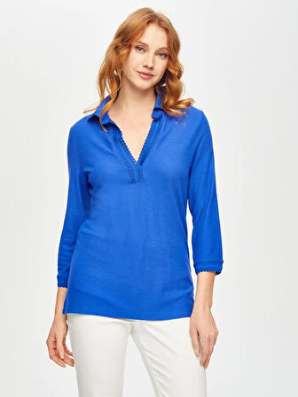 Triko Garnili Polo Yaka Örme Bluz 69148