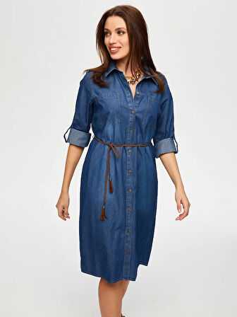 Beli Kemerli Gömlek Yaka Jean Elbise B00069-1