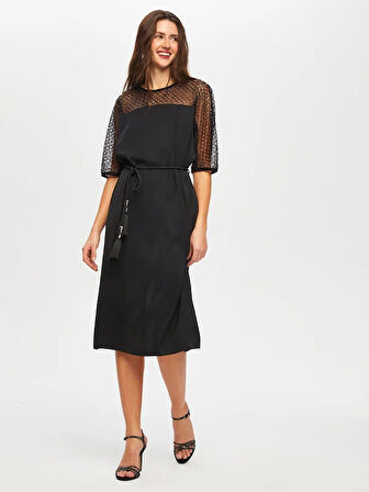 Boncuk Payet Garnili 3/4 Kol Kemerli Abiye Elbise 020